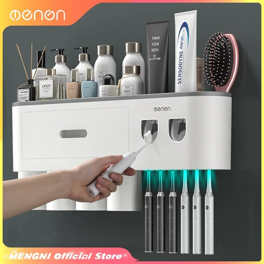 MENGNI - Magnetic Adsorption Inverted Toothbrush Holder Wall -Automatic Toothpaste Squeezer Storage Rack Bathroom Accessories